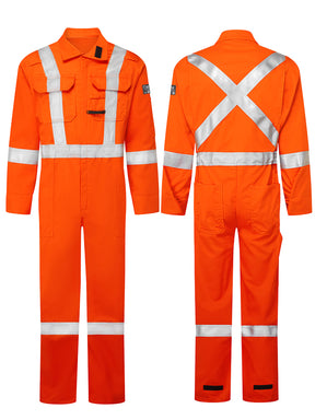 Avenger Style 408 orange hi-vis FR coveralls, front and rear views