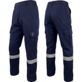 Atlas Guardian 405WNB navy FR/AR lined cargo pants with 2-inch silver striping, front and back views