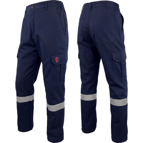 Atlas Guardian 405WNB navy FR/AR lined cargo pants with 2-inch silver striping, front and back views