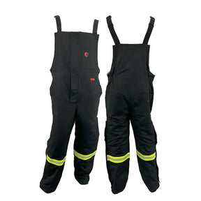 ARC FR winter bib overalls with reflective yellow stripes on the legs, featuring heavy-duty zippers and adjustable straps by Atlas Workwear Style 2192