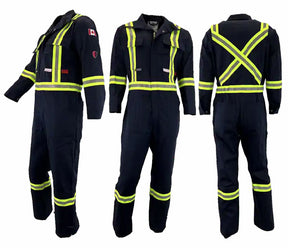 A set of three images displaying the front, back, and side views of an Atlas Workwear coverall with yellow reflective stripes. The coverall has multiple pockets and zipper closures.
