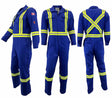 A set of three images displaying the front, back, and side views of an Atlas Workwear coverall with yellow reflective stripes. The coverall has multiple pockets and zipper closures.