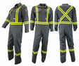 A set of three images displaying the front, back, and side views of an Atlas Workwear coverall with yellow reflective stripes. The coverall has multiple pockets and zipper closures.