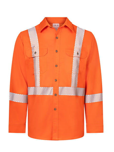 Orange Avenger deluxe segmented striped work shirt by IFR Workwear, style 652, front view