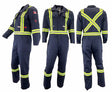 A set of three images displaying the front, back, and side views of an Atlas Workwear coverall with yellow reflective stripes. The coverall has multiple pockets and zipper closures.