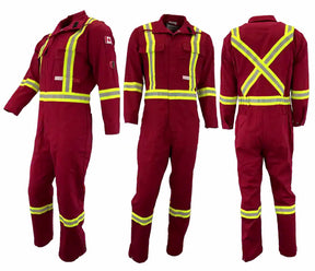 A set of three images displaying the front, back, and side views of an Atlas Workwear coverall with yellow reflective stripes. The coverall has multiple pockets and zipper closures.