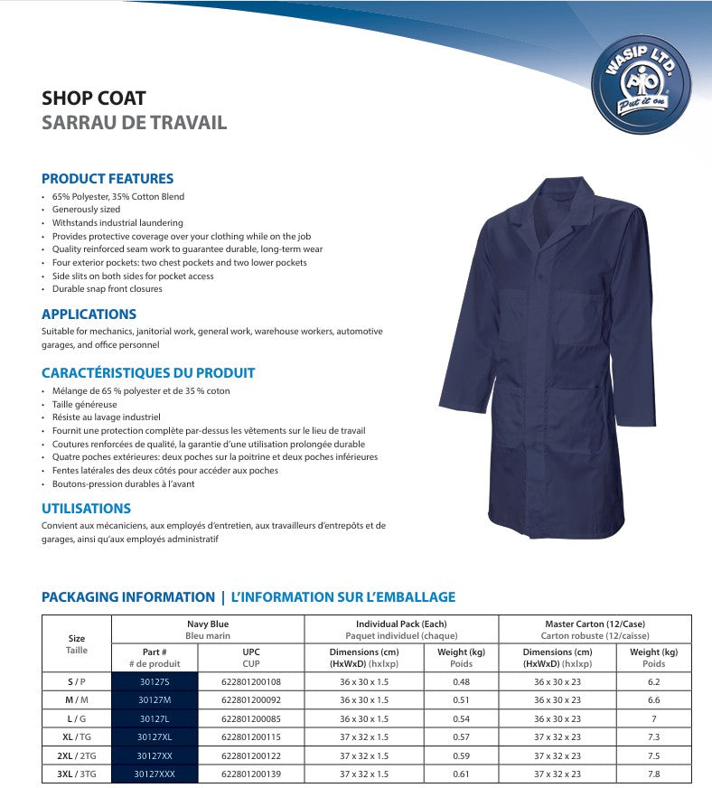 Navy Poly/Cotton Shop Coat by Wasip - Style 30127