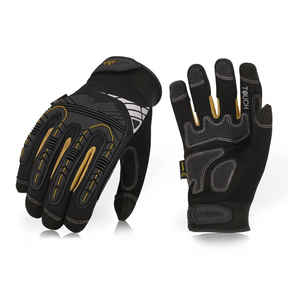 Spectra Supply Over Armour work gloves — palm and back views, black with gold accents