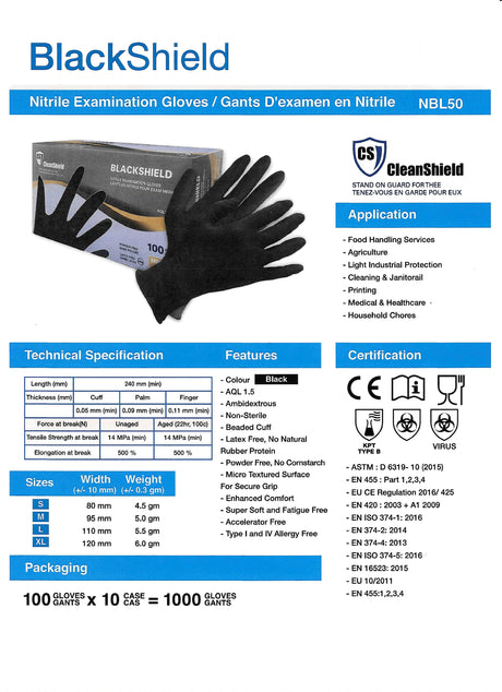 Black Shield Nitrile Examination Gloves - Style NBL50 - 5 Mil