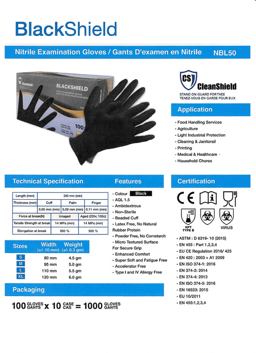 Black Shield Nitrile Examination Gloves Style NBL50 5 Mil