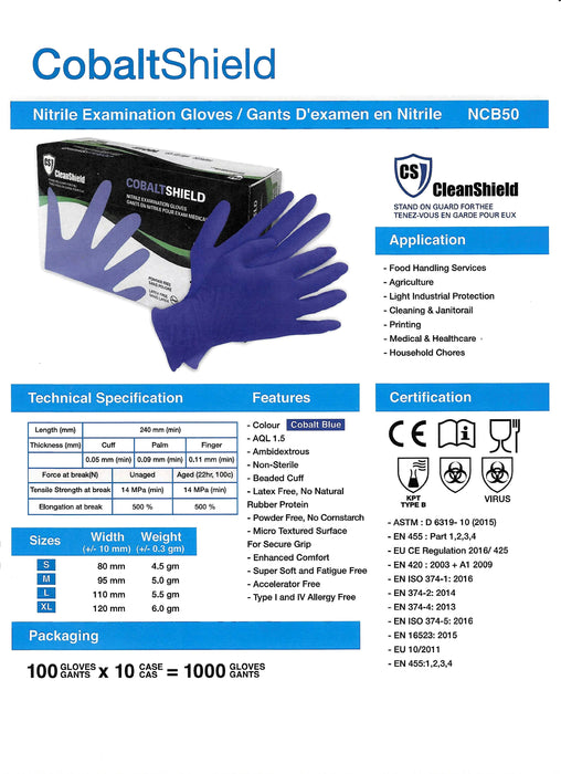 Cobalt Blue Shield Nitrile Examination Gloves - Style NCB50 - 5 Mil